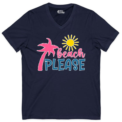 Beach Please Shirt - Funny Tropical Summer Tee with Palm Tree Sun (V-Neck) in Navy - Beach Please Shirt - Tropical Palm Tree and Sun Funny Summer Tee