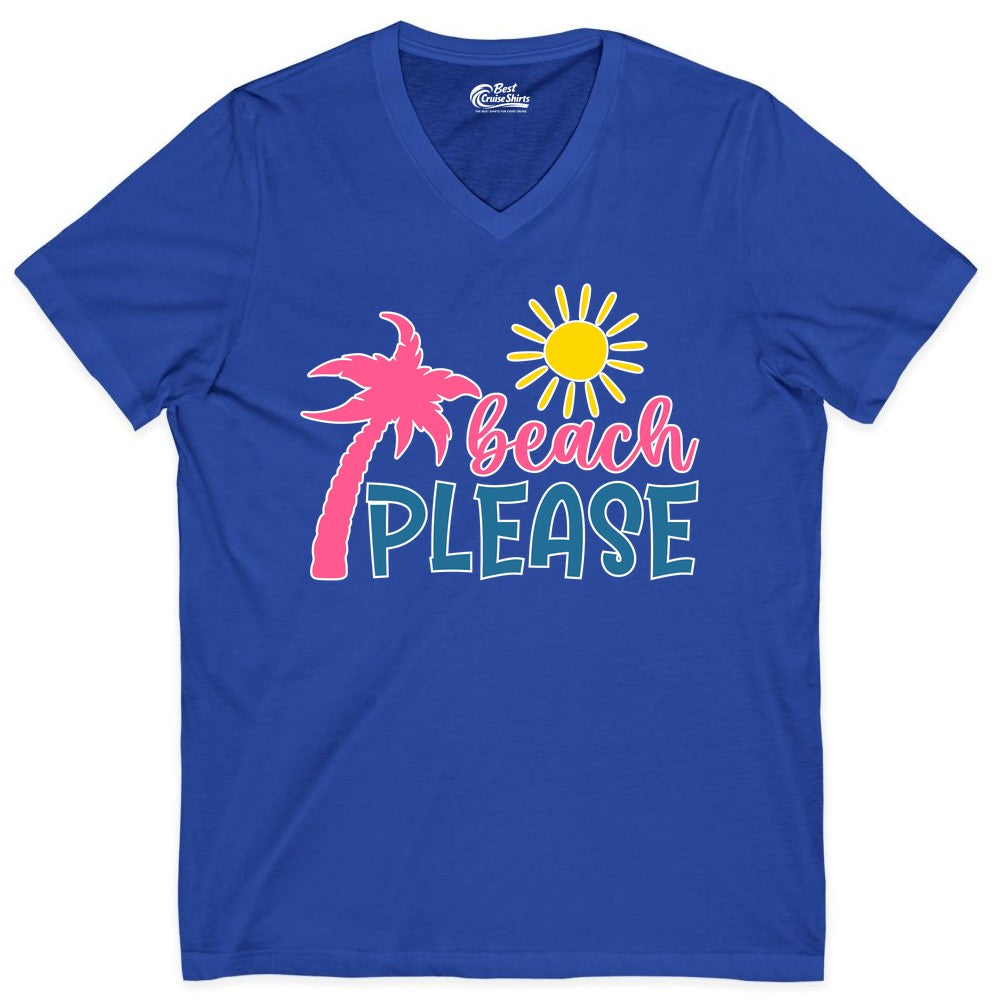 Beach Please Shirt - Funny Tropical Summer Tee with Palm Tree Sun (V-Neck) in True Royal - Beach Please Shirt - Tropical Palm Tree and Sun Funny Summer Tee