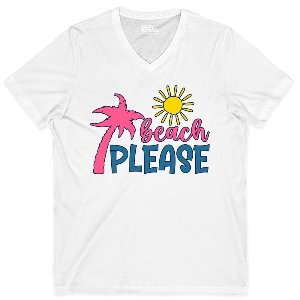 Beach Please Shirt - Funny Tropical Summer Tee with Palm Tree Sun (V-Neck) in White - Beach Please Shirt - Tropical Palm Tree and Sun Funny Summer Tee