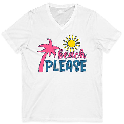 Beach Please Shirt - Funny Tropical Summer Tee with Palm Tree Sun (V-Neck) in White - Beach Please Shirt - Tropical Palm Tree and Sun Funny Summer Tee