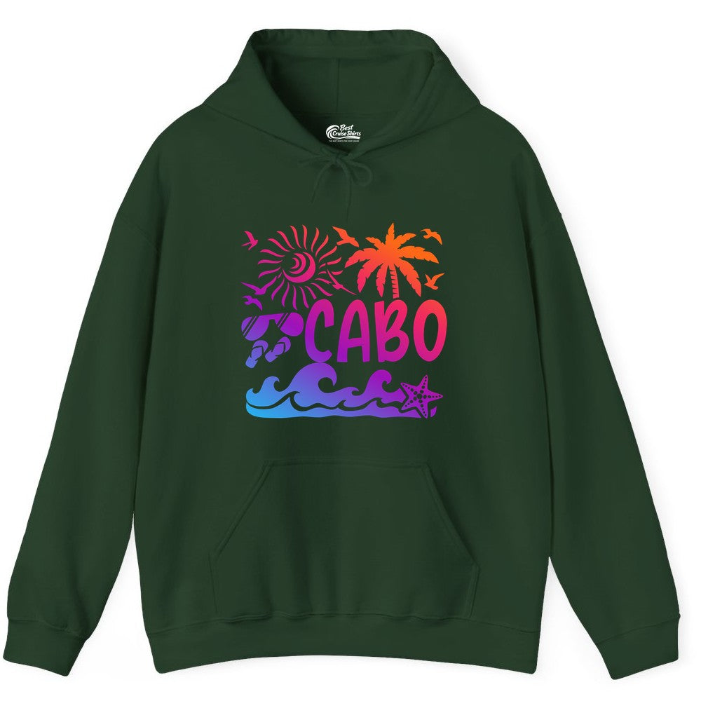 Cabo San Lucas Shirt - Tropical Beach Vacation Palm Tree Tee (Hoodie) in Forest Green - Cabo San Lucas Shirt - Tropical Sunset Palm Beach Vacation Graphic Tee