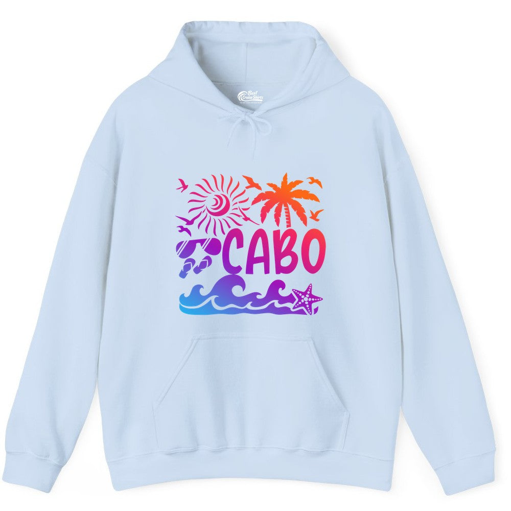 Cabo San Lucas Shirt - Tropical Beach Vacation Palm Tree Tee (Hoodie) in Light Blue - Cabo San Lucas Shirt - Tropical Sunset Palm Beach Vacation Graphic Tee