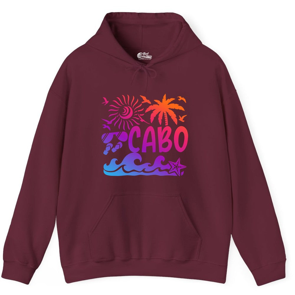 Cabo San Lucas Shirt - Tropical Beach Vacation Palm Tree Tee (Hoodie) in Maroon - Cabo San Lucas Shirt - Tropical Sunset Palm Beach Vacation Graphic Tee