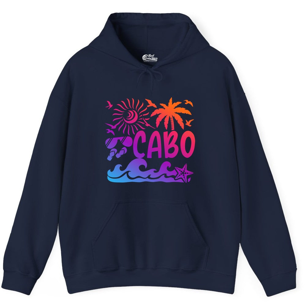 Cabo San Lucas Shirt - Tropical Beach Vacation Palm Tree Tee (Hoodie) in Navy - Cabo San Lucas Shirt - Tropical Sunset Palm Beach Vacation Graphic Tee