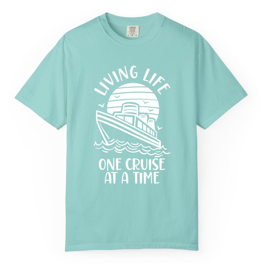 Living Life One Cruise at a Time Shirt - Cruise Life Vacation Apparel (Comfort Color) in Chalky Mint - Living Life One Cruise at a Time Ocean Sunset Waves Graphic Shirt
