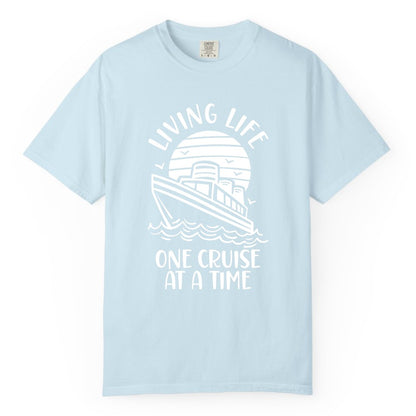 Living Life One Cruise at a Time Shirt - Cruise Life Vacation Apparel (Comfort Color) in Chambray - Living Life One Cruise at a Time Ocean Sunset Waves Graphic Shirt