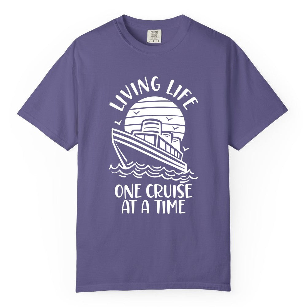 Living Life One Cruise at a Time Shirt - Cruise Life Vacation Apparel (Comfort Color) in Grape - Living Life One Cruise at a Time Ocean Sunset Waves Graphic Shirt