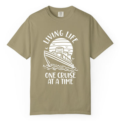 Living Life One Cruise at a Time Shirt - Cruise Life Vacation Apparel (Comfort Color) in Khaki - Living Life One Cruise at a Time Ocean Sunset Waves Graphic Shirt
