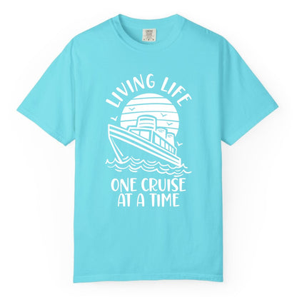 Living Life One Cruise at a Time Shirt - Cruise Life Vacation Apparel (Comfort Color) in Lagoon Blue - Living Life One Cruise at a Time Ocean Sunset Waves Graphic Shirt