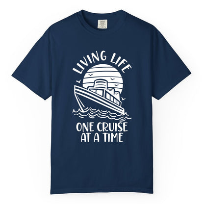 Living Life One Cruise at a Time Shirt - Cruise Life Vacation Apparel (Comfort Color) in Navy - Living Life One Cruise at a Time Ocean Sunset Waves Graphic Shirt