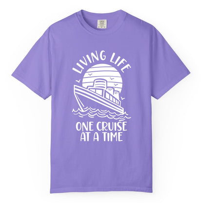 Living Life One Cruise at a Time Shirt - Cruise Life Vacation Apparel (Comfort Color) in Violet - Living Life One Cruise at a Time Ocean Sunset Waves Graphic Shirt