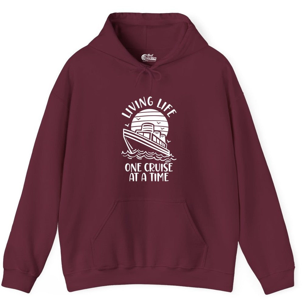 Living Life One Cruise at a Time Shirt - Cruise Life Vacation Apparel (Hoodie) in Maroon - Living Life One Cruise at a Time Ocean Sunset Waves Graphic Shirt