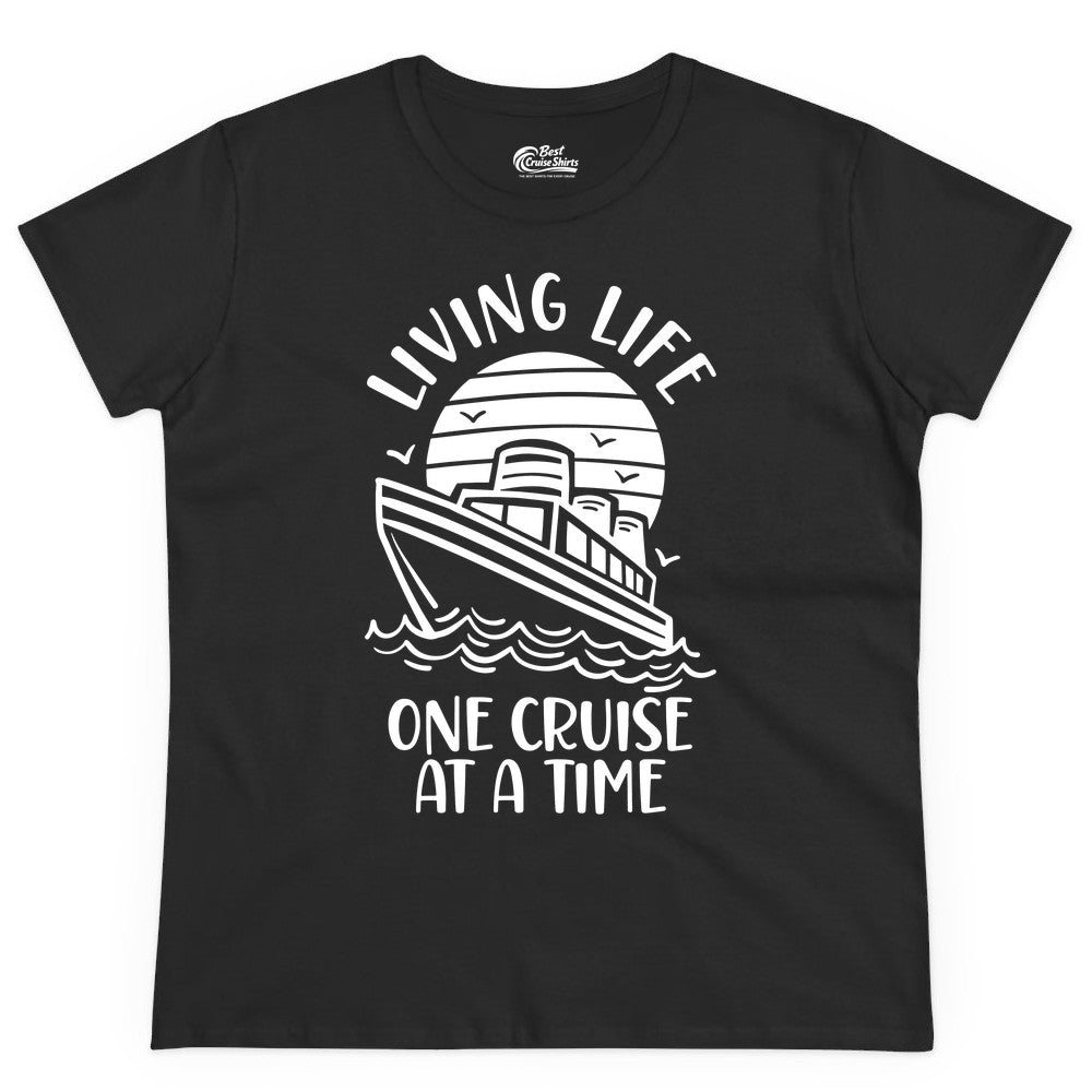 Living Life One Cruise at a Time Shirt - Cruise Life Vacation Apparel (Ladies Tee) in Black - Living Life One Cruise at a Time Ocean Sunset Waves Graphic Shirt