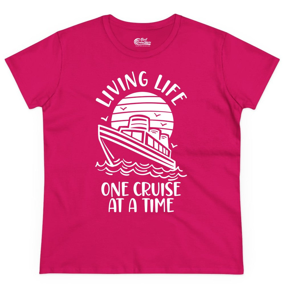 Living Life One Cruise at a Time Shirt - Cruise Life Vacation Apparel (Ladies Tee) in Heliconia - Living Life One Cruise at a Time Ocean Sunset Waves Graphic Shirt