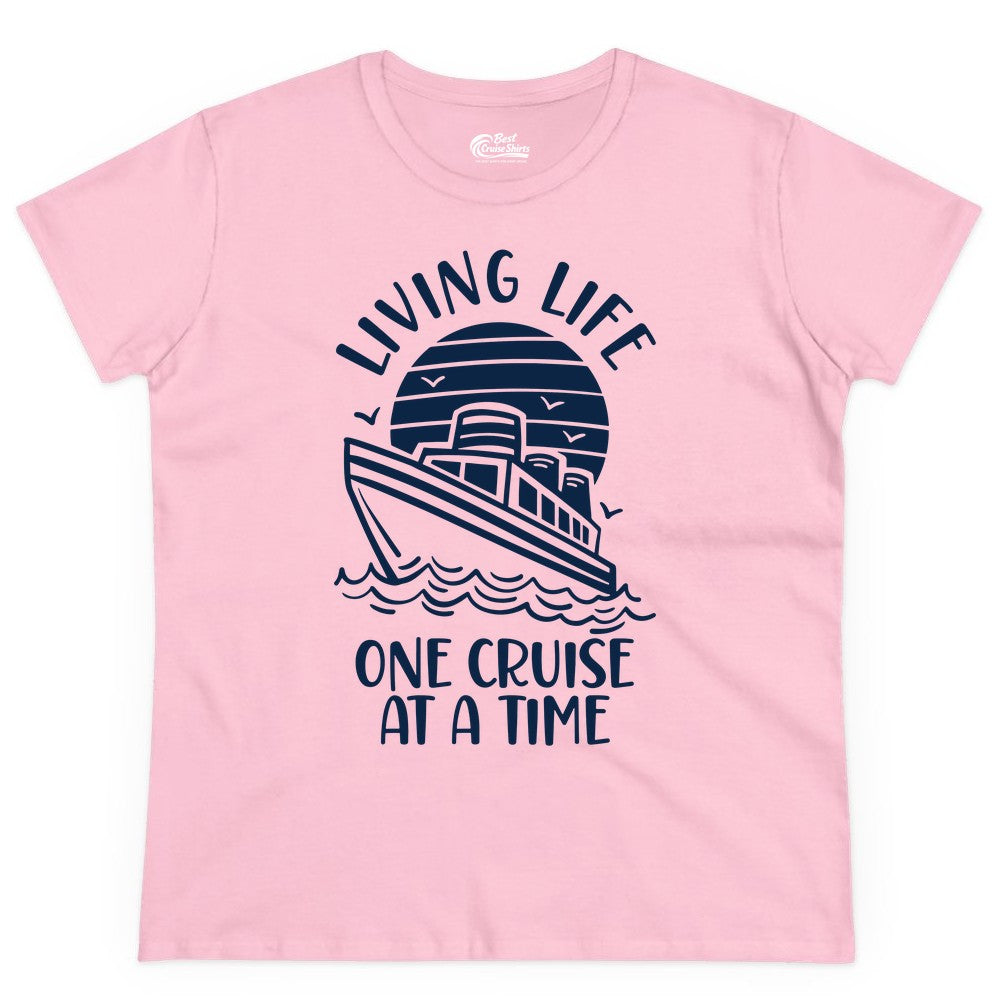 Living Life One Cruise at a Time Shirt - Cruise Life Vacation Apparel (Ladies Tee) in Light Pink - Living Life One Cruise at a Time Ocean Sunset Waves Graphic Shirt