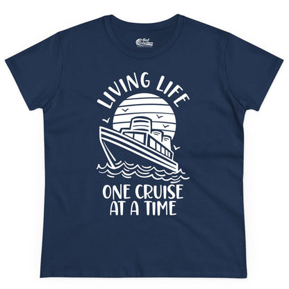Living Life One Cruise at a Time Shirt - Cruise Life Vacation Apparel (Ladies Tee) in Navy - Living Life One Cruise at a Time Ocean Sunset Waves Graphic Shirt
