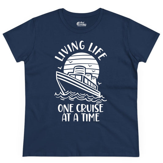 Living Life One Cruise at a Time Shirt - Cruise Life Vacation Apparel (Ladies Tee) in Navy - Living Life One Cruise at a Time Ocean Sunset Waves Graphic Shirt
