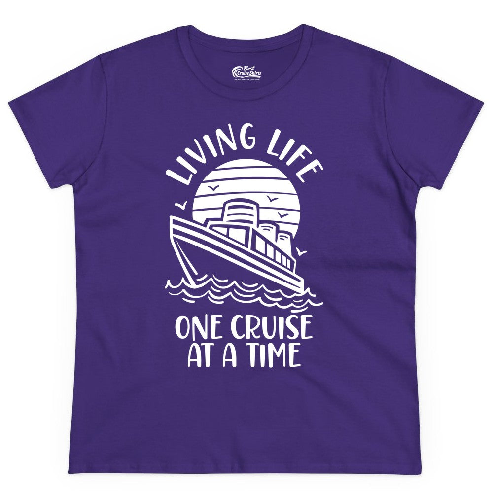 Living Life One Cruise at a Time Shirt - Cruise Life Vacation Apparel (Ladies Tee) in Purple - Living Life One Cruise at a Time Ocean Sunset Waves Graphic Shirt