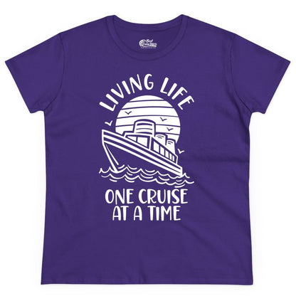 Living Life One Cruise at a Time Shirt - Cruise Life Vacation Apparel (Ladies Tee) in Purple - Living Life One Cruise at a Time Ocean Sunset Waves Graphic Shirt