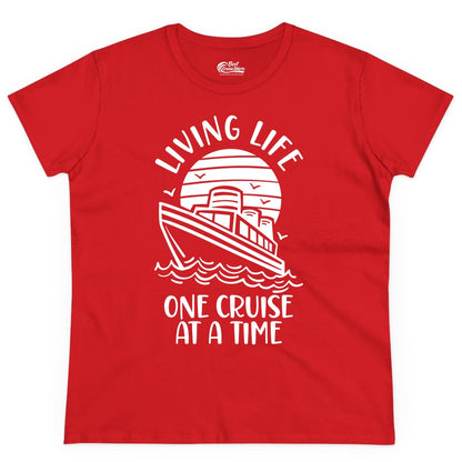 Living Life One Cruise at a Time Shirt - Cruise Life Vacation Apparel (Ladies Tee) in Red - Living Life One Cruise at a Time Ocean Sunset Waves Graphic Shirt
