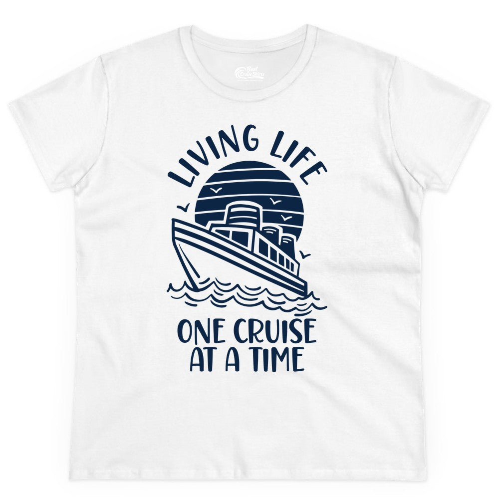 Living Life One Cruise at a Time Shirt - Cruise Life Vacation Apparel (Ladies Tee) in White - Living Life One Cruise at a Time Ocean Sunset Waves Graphic Shirt