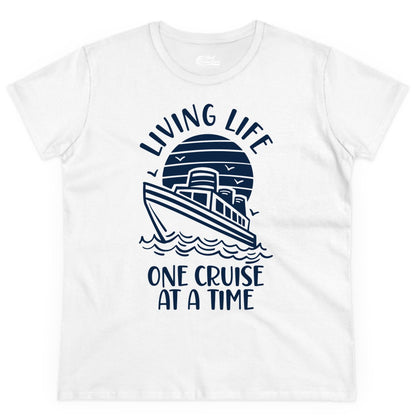 Living Life One Cruise at a Time Shirt - Cruise Life Vacation Apparel (Ladies Tee) in White - Living Life One Cruise at a Time Ocean Sunset Waves Graphic Shirt