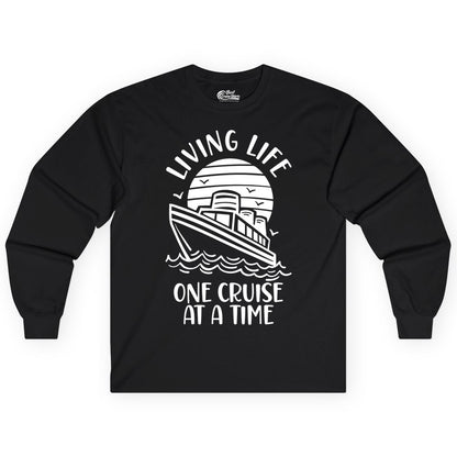 Living Life One Cruise at a Time Shirt - Cruise Life Vacation Apparel (Long Sleeve) in Black - Living Life One Cruise at a Time Ocean Sunset Waves Graphic Shirt