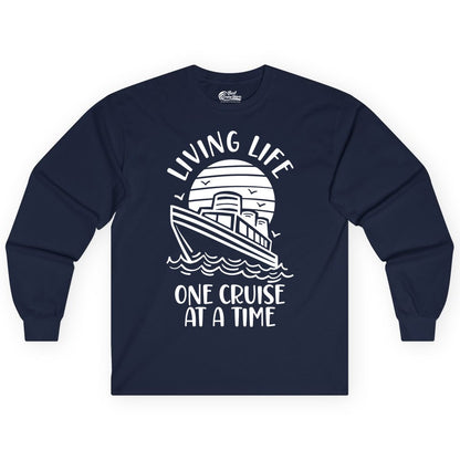 Living Life One Cruise at a Time Shirt - Cruise Life Vacation Apparel (Long Sleeve) in Navy - Living Life One Cruise at a Time Ocean Sunset Waves Graphic Shirt