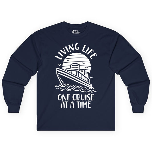 Living Life One Cruise at a Time Shirt - Cruise Life Vacation Apparel (Long Sleeve) in Navy - Living Life One Cruise at a Time Ocean Sunset Waves Graphic Shirt