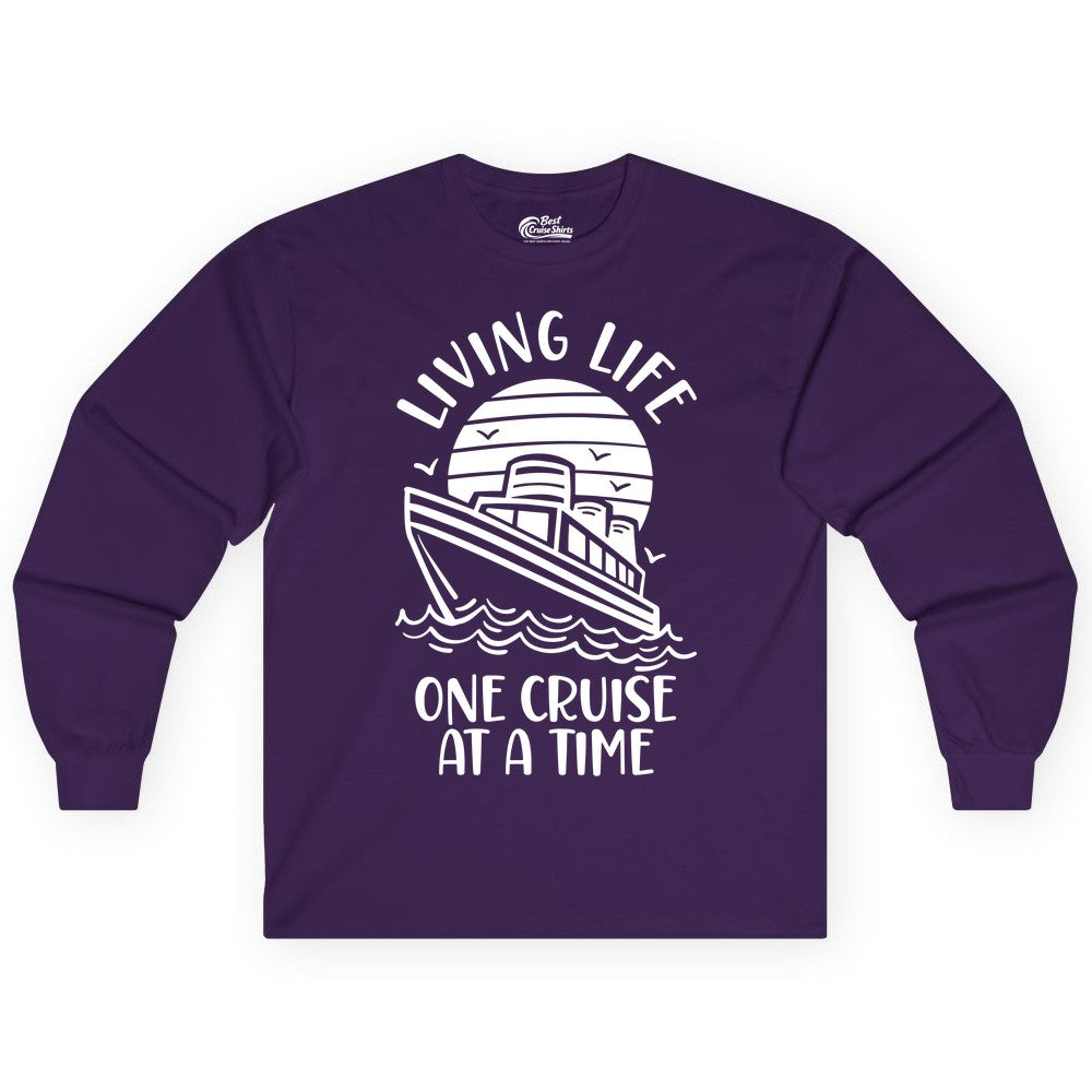 Living Life One Cruise at a Time Shirt - Cruise Life Vacation Apparel (Long Sleeve) in Purple - Living Life One Cruise at a Time Ocean Sunset Waves Graphic Shirt