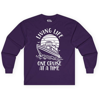 Living Life One Cruise at a Time Shirt - Cruise Life Vacation Apparel (Long Sleeve) in Purple - Living Life One Cruise at a Time Ocean Sunset Waves Graphic Shirt