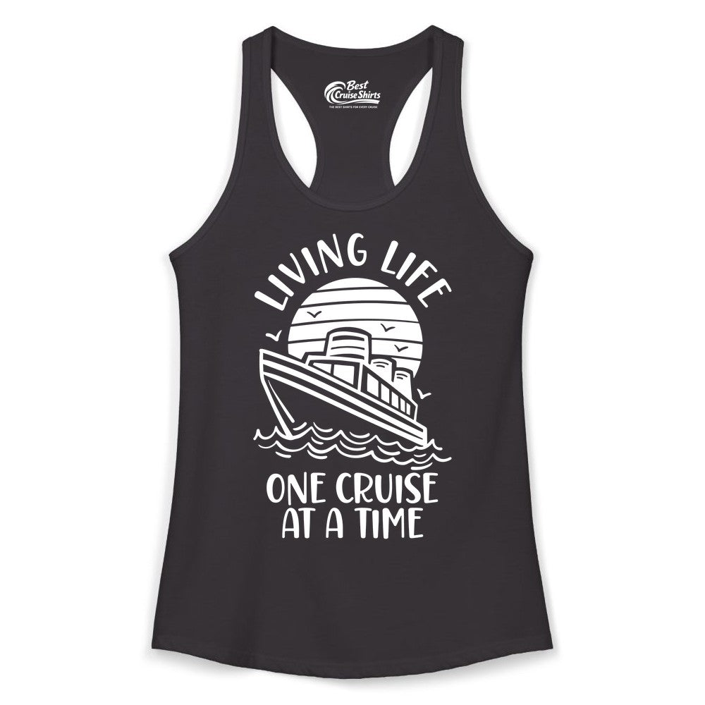 Living Life One Cruise at a Time Shirt - Cruise Life Vacation Apparel (Ladies Tank) in Black - Living Life One Cruise at a Time Ocean Sunset Waves Graphic Shirt