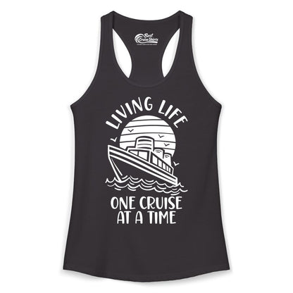 Living Life One Cruise at a Time Shirt - Cruise Life Vacation Apparel (Ladies Tank) in Black - Living Life One Cruise at a Time Ocean Sunset Waves Graphic Shirt
