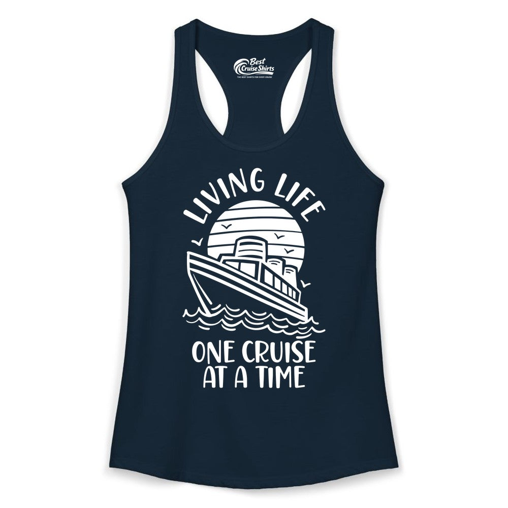 Living Life One Cruise at a Time Shirt - Cruise Life Vacation Apparel (Ladies Tank) in Solid Midnight Navy - Living Life One Cruise at a Time Ocean Sunset Waves Graphic Shirt