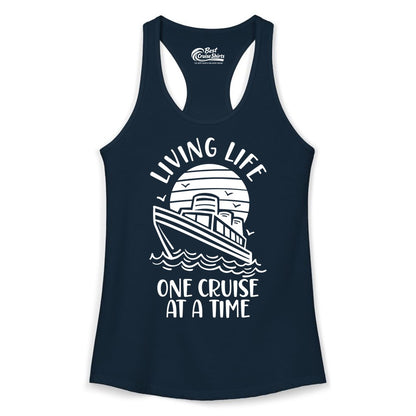 Living Life One Cruise at a Time Shirt - Cruise Life Vacation Apparel (Ladies Tank) in Solid Midnight Navy - Living Life One Cruise at a Time Ocean Sunset Waves Graphic Shirt