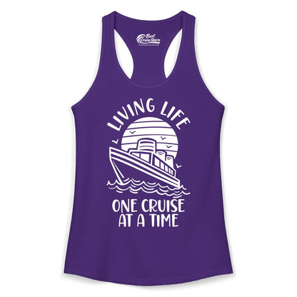 Living Life One Cruise at a Time Shirt - Cruise Life Vacation Apparel (Ladies Tank) in Solid Purple Rush - Living Life One Cruise at a Time Ocean Sunset Waves Graphic Shirt