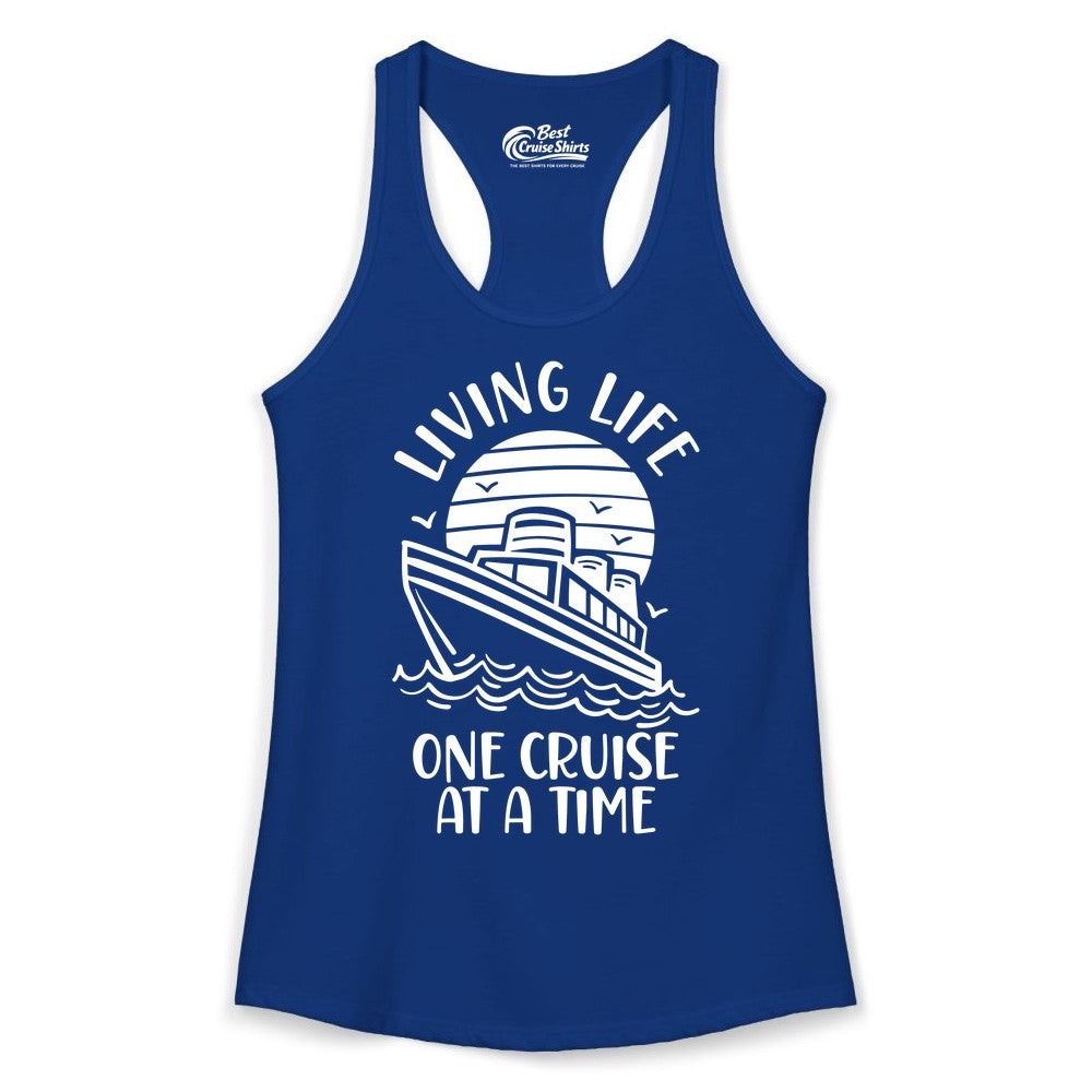 Living Life One Cruise at a Time Shirt - Cruise Life Vacation Apparel (Ladies Tank) in Solid Royal - Living Life One Cruise at a Time Ocean Sunset Waves Graphic Shirt