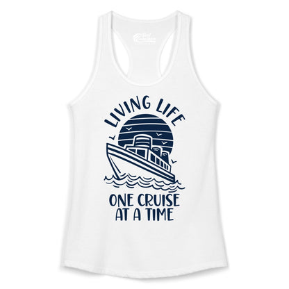 Living Life One Cruise at a Time Shirt - Cruise Life Vacation Apparel (Ladies Tank) in White - Living Life One Cruise at a Time Ocean Sunset Waves Graphic Shirt