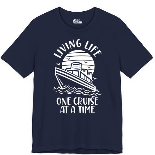 Living Life One Cruise at a Time Shirt - Cruise Life Vacation Apparel (Premium Tee) in Navy - Living Life One Cruise at a Time Ocean Sunset Waves Graphic Shirt