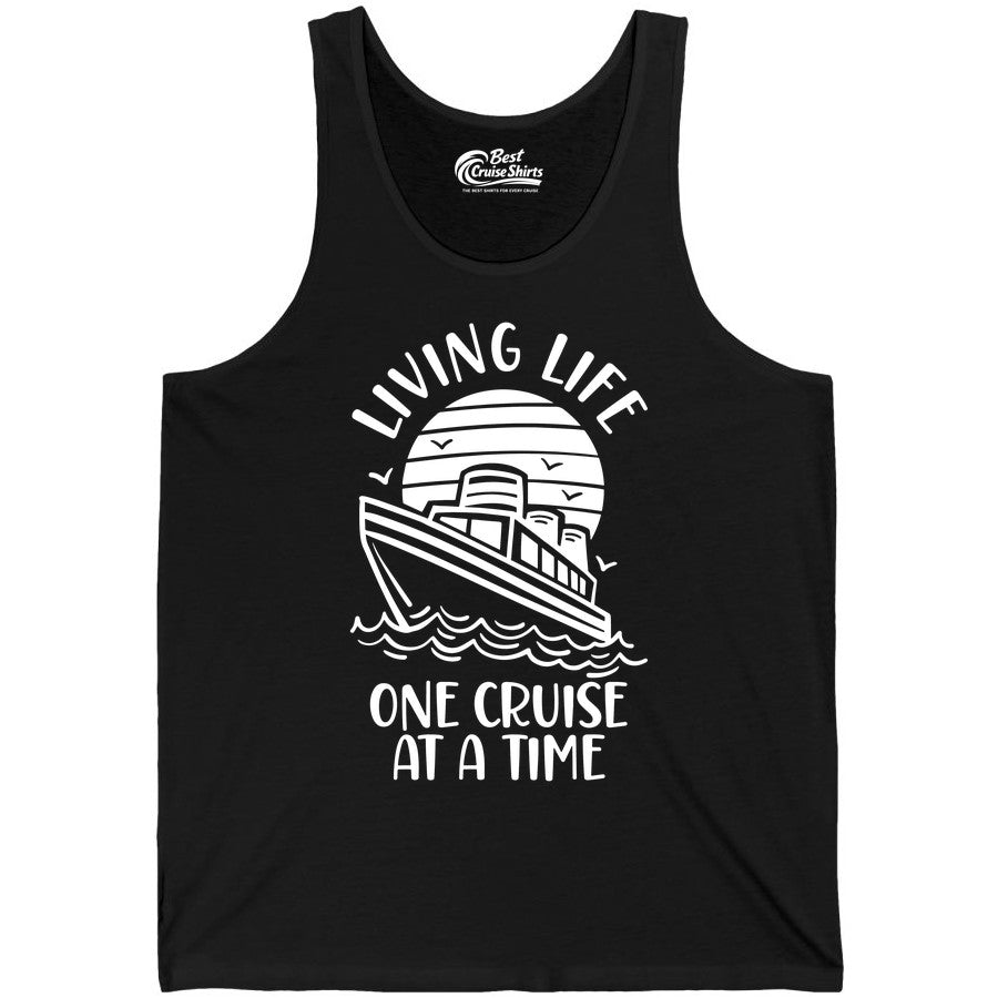 Living Life One Cruise at a Time Shirt - Cruise Life Vacation Apparel (Tank Top) in Black - Living Life One Cruise at a Time Ocean Sunset Waves Graphic Shirt