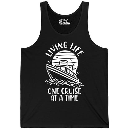 Living Life One Cruise at a Time Shirt - Cruise Life Vacation Apparel (Tank Top) in Black - Living Life One Cruise at a Time Ocean Sunset Waves Graphic Shirt