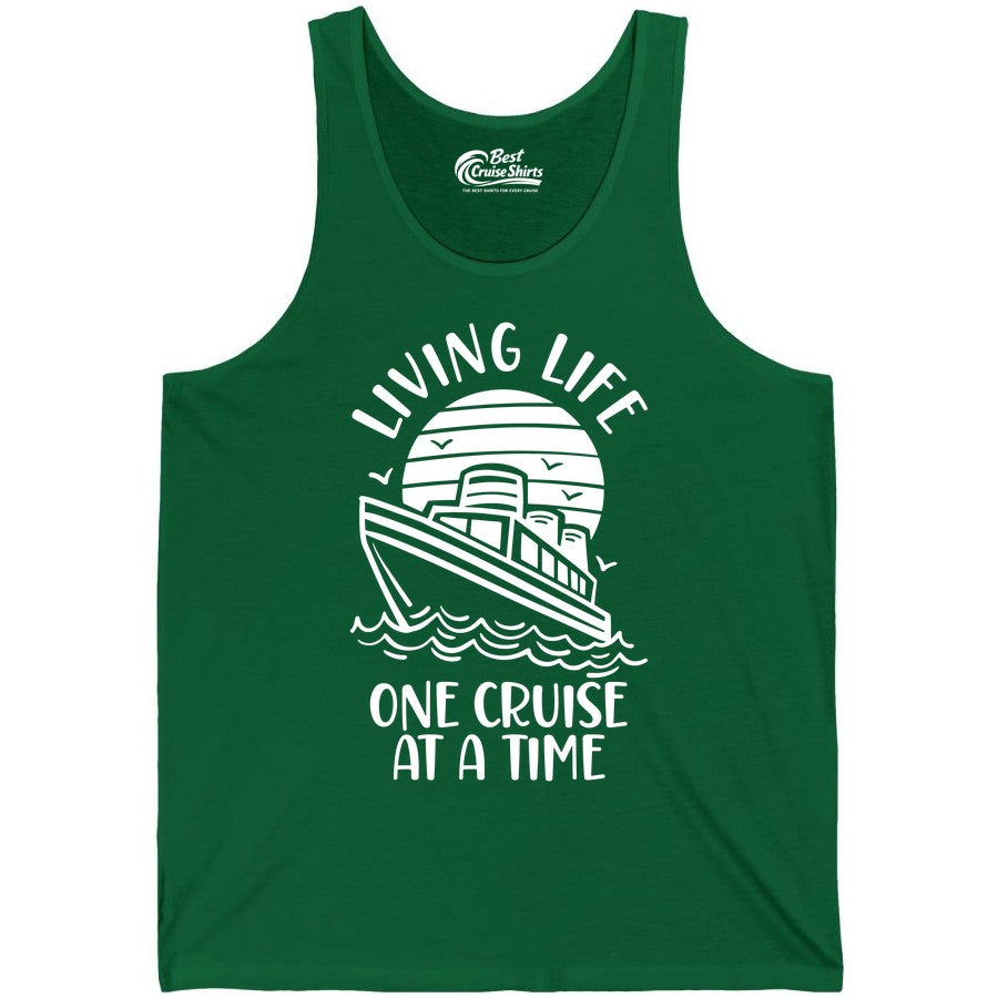 Living Life One Cruise at a Time Shirt - Cruise Life Vacation Apparel (Tank Top) in Kelly - Living Life One Cruise at a Time Ocean Sunset Waves Graphic Shirt