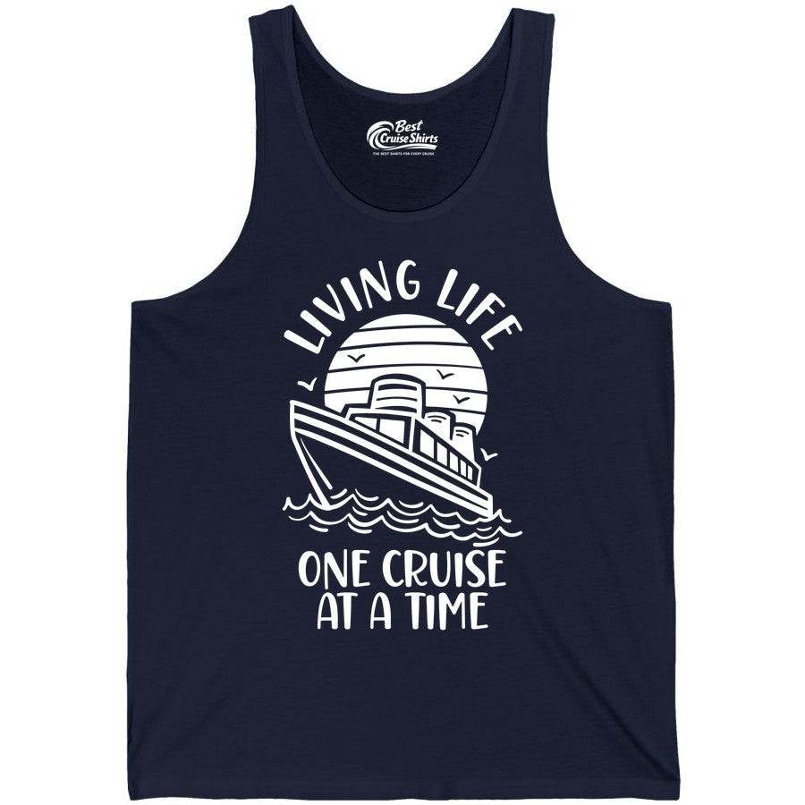 Living Life One Cruise at a Time Shirt - Cruise Life Vacation Apparel (Tank Top) in Navy - Living Life One Cruise at a Time Ocean Sunset Waves Graphic Shirt