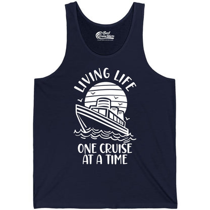 Living Life One Cruise at a Time Shirt - Cruise Life Vacation Apparel (Tank Top) in Navy - Living Life One Cruise at a Time Ocean Sunset Waves Graphic Shirt