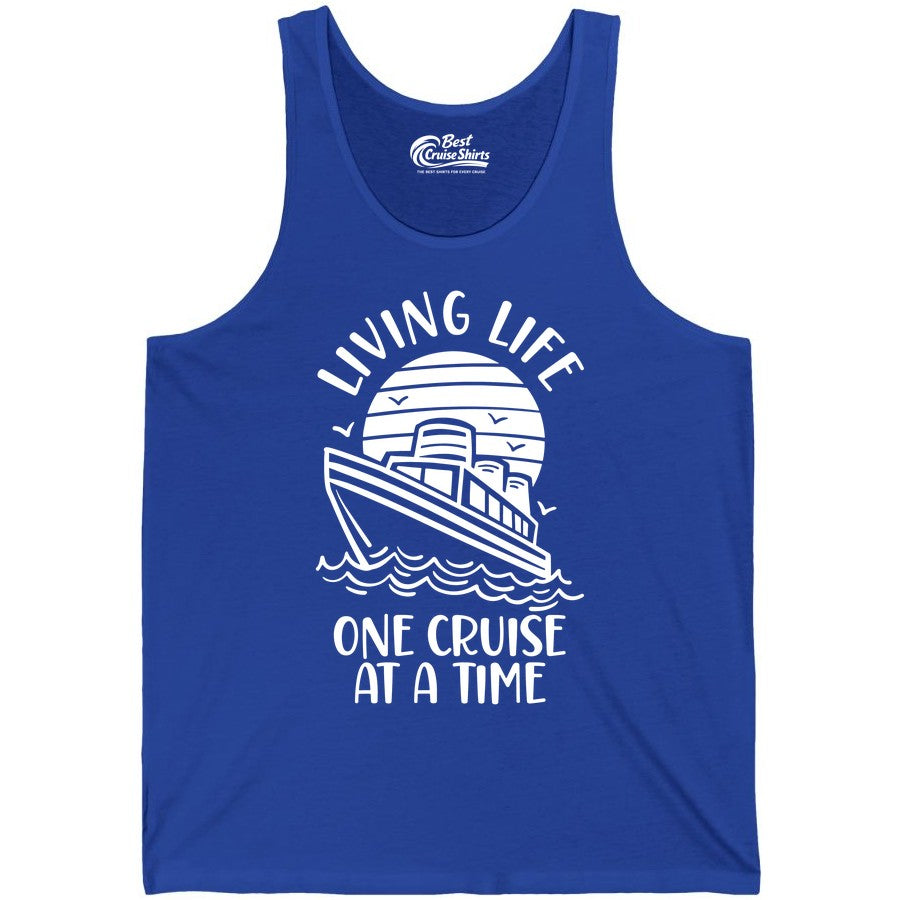 Living Life One Cruise at a Time Shirt - Cruise Life Vacation Apparel (Tank Top) in True Royal - Living Life One Cruise at a Time Ocean Sunset Waves Graphic Shirt