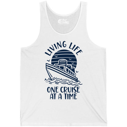 Living Life One Cruise at a Time Shirt - Cruise Life Vacation Apparel (Tank Top) in White - Living Life One Cruise at a Time Ocean Sunset Waves Graphic Shirt