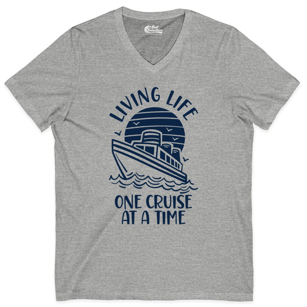 Living Life One Cruise at a Time Shirt - Cruise Life Vacation Apparel (V-Neck) in Athletic Heather - Living Life One Cruise at a Time Ocean Sunset Waves Graphic Shirt