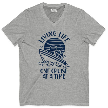 Living Life One Cruise at a Time Shirt - Cruise Life Vacation Apparel (V-Neck) in Athletic Heather - Living Life One Cruise at a Time Ocean Sunset Waves Graphic Shirt