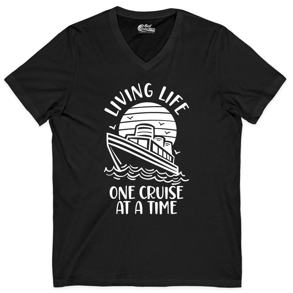 Living Life One Cruise at a Time Shirt - Cruise Life Vacation Apparel (V-Neck) in Black - Living Life One Cruise at a Time Ocean Sunset Waves Graphic Shirt