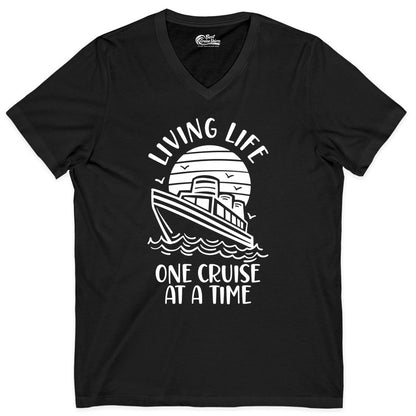 Living Life One Cruise at a Time Shirt - Cruise Life Vacation Apparel (V-Neck) in Black - Living Life One Cruise at a Time Ocean Sunset Waves Graphic Shirt